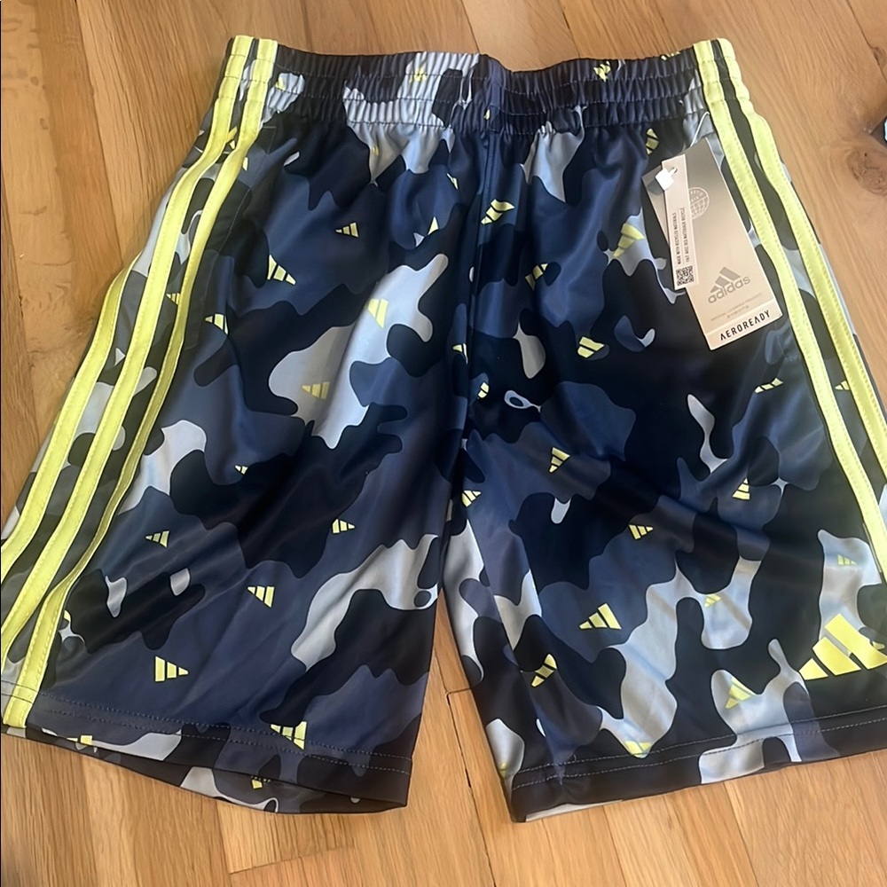 Adidas Blue Camo Shorts with Neon Accents